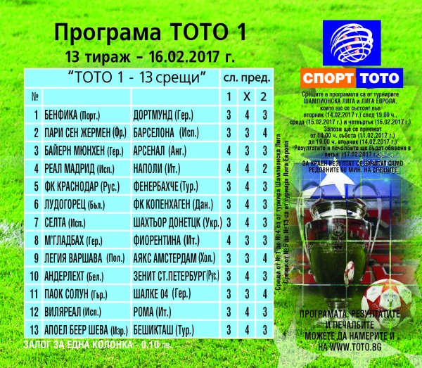 Футболни срещи от Шампионска лига и Лига Европа в тираж №13 на Тото 1