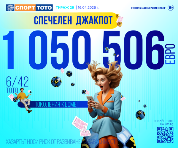 Късметлия от Асеновград спечели джакпота от 1 050 506 евро в играта „6 от 42“ на Спорт тото