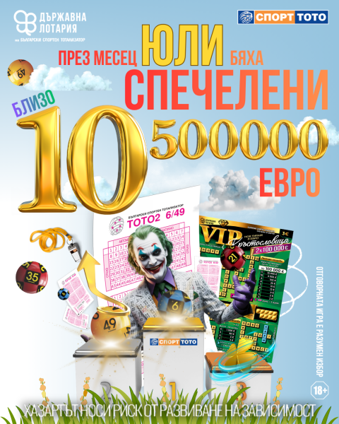 Близо 10,5 млн. евро печалби изплати Български спортен тотализатор през юли